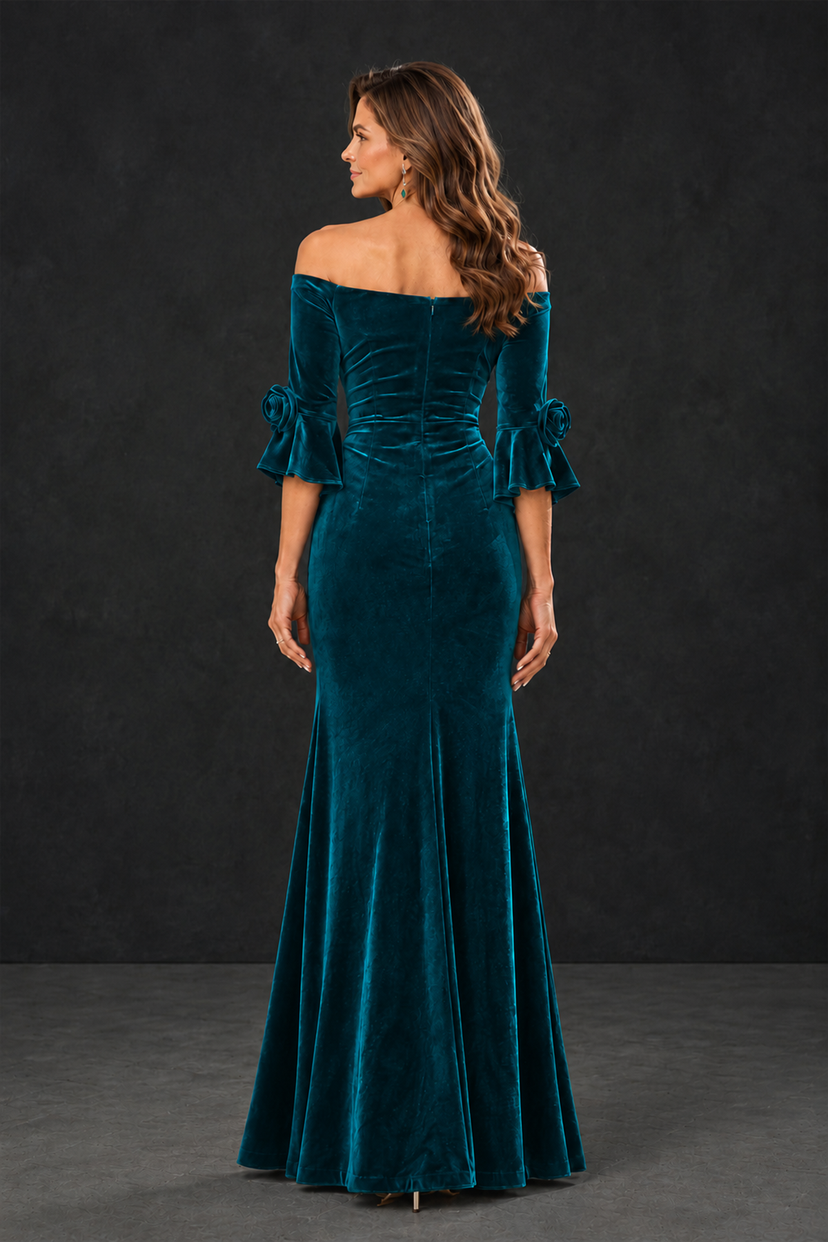 BOLODOO Peacock Velvet Mother of the Bride Dress with Rosette Sleeves - Peacock - Peacock_2
