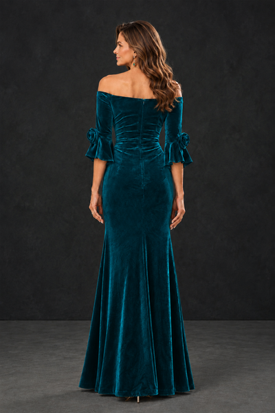 BOLODOO Peacock Velvet Mother of the Bride Dress with Rosette Sleeves - Peacock - Peacock_2