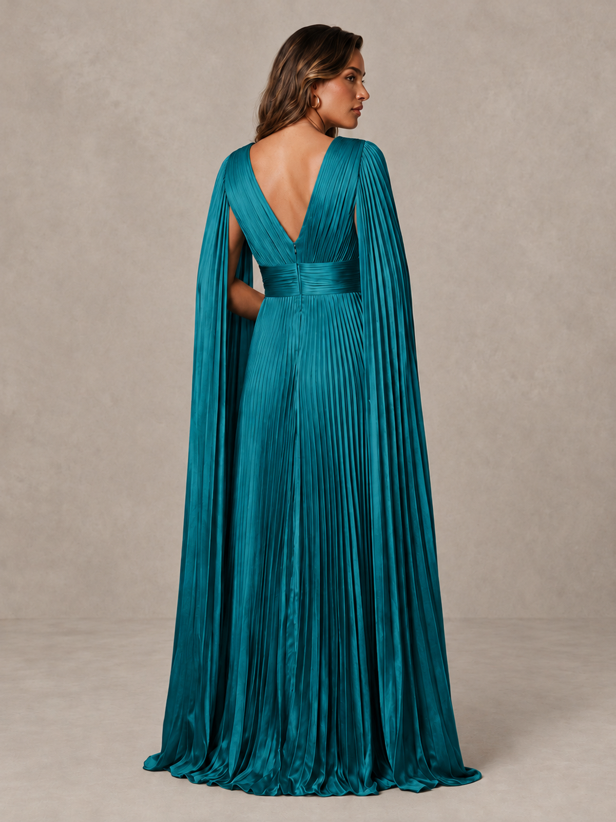 BOLODOO Peacock Deep V-Neck Pleated Cape Sleeve Evening Gown - Peacock - Peacock_2