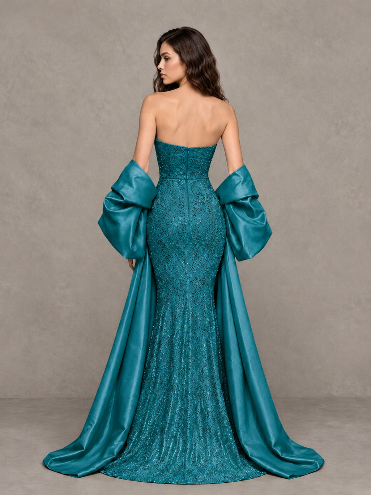 BOLODOO Peacock Strapless Sparkle Mermaid Prom Dress with Front Slit and Draped Sleeves - Peacock - Peacock_2