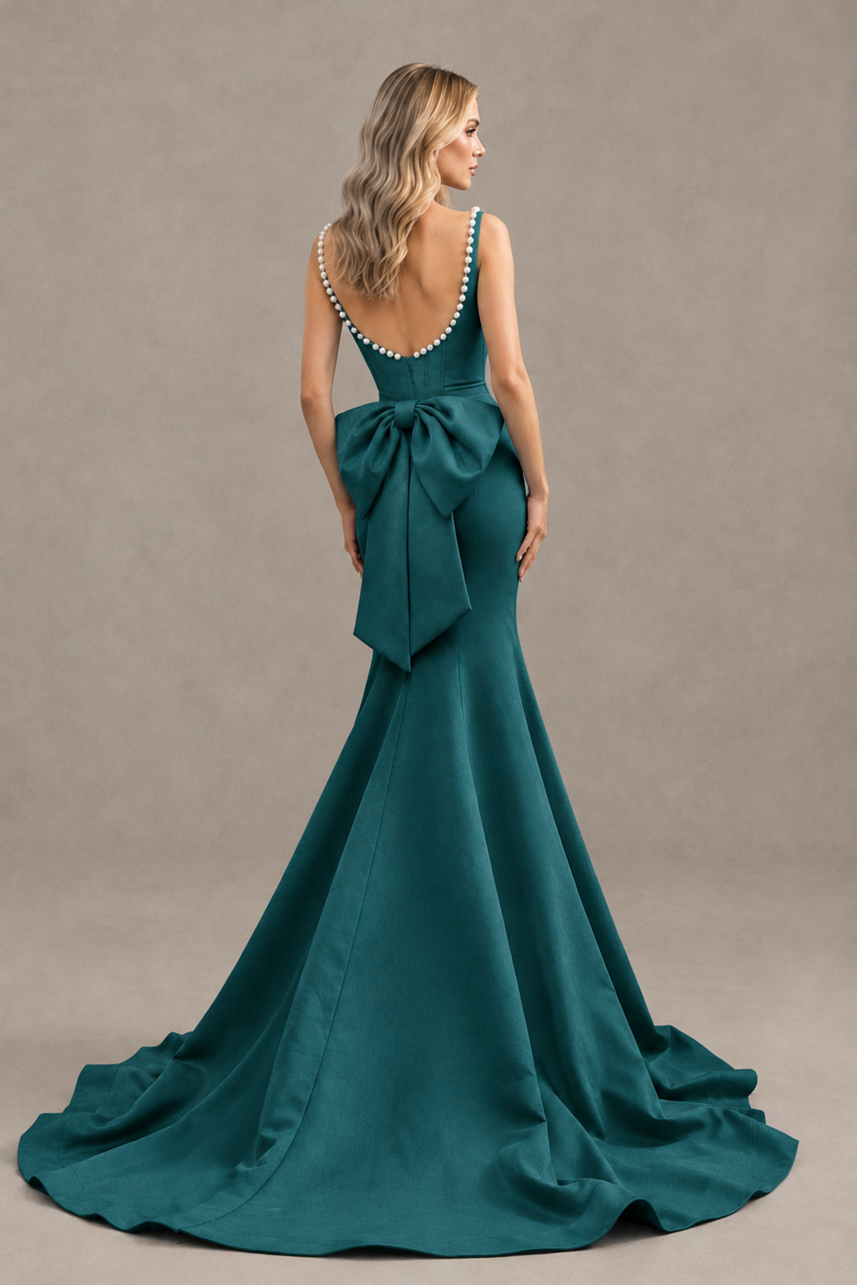 BOLODOO Peacock Pearl-Trim Mermaid Prom Dress with Back Bow - Peacock - Peacock_2