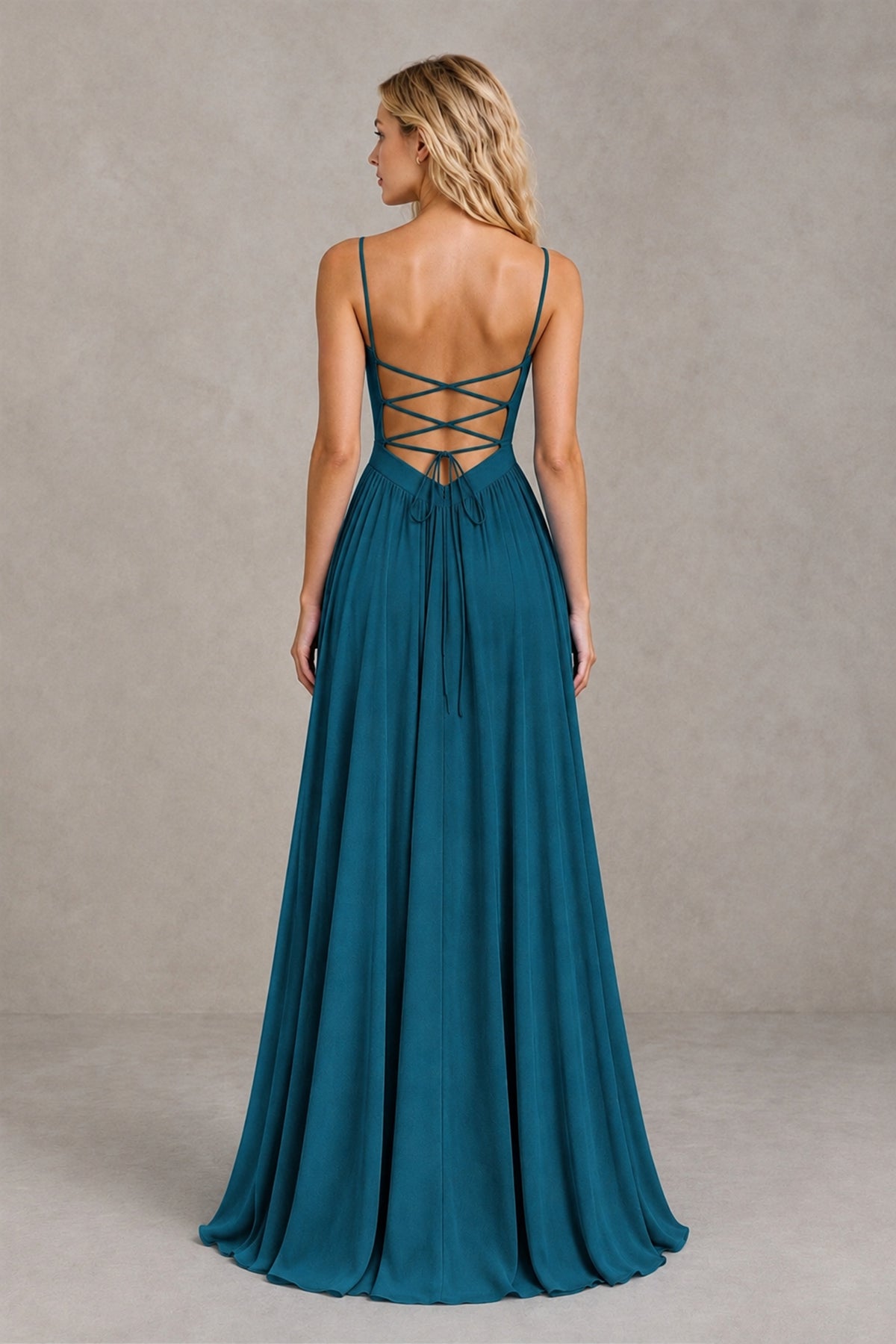 BOLODOO Peacock Spaghetti Strap A-Line Bridesmaid Dress with Slit - Peacock - Peacock_2