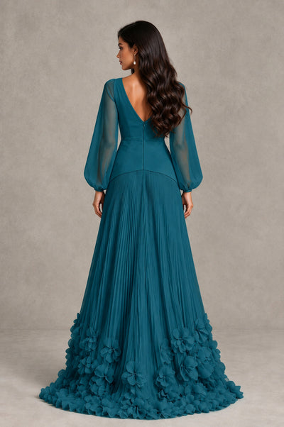 BOLODOO Peacock V-Neck Long Sleeve Pleated Floral Hem Evening Dress - Peacock - Peacock_2