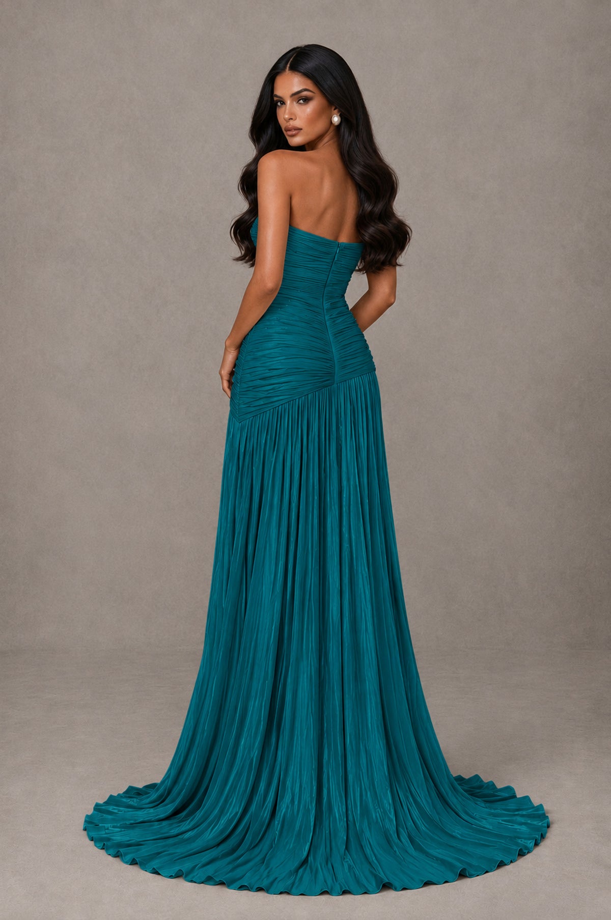 BOLODOO Peacock Metallic Ruched Strapless Pleated A-Line Backless Maxi Dress with Train - Peacock - Peacock_2