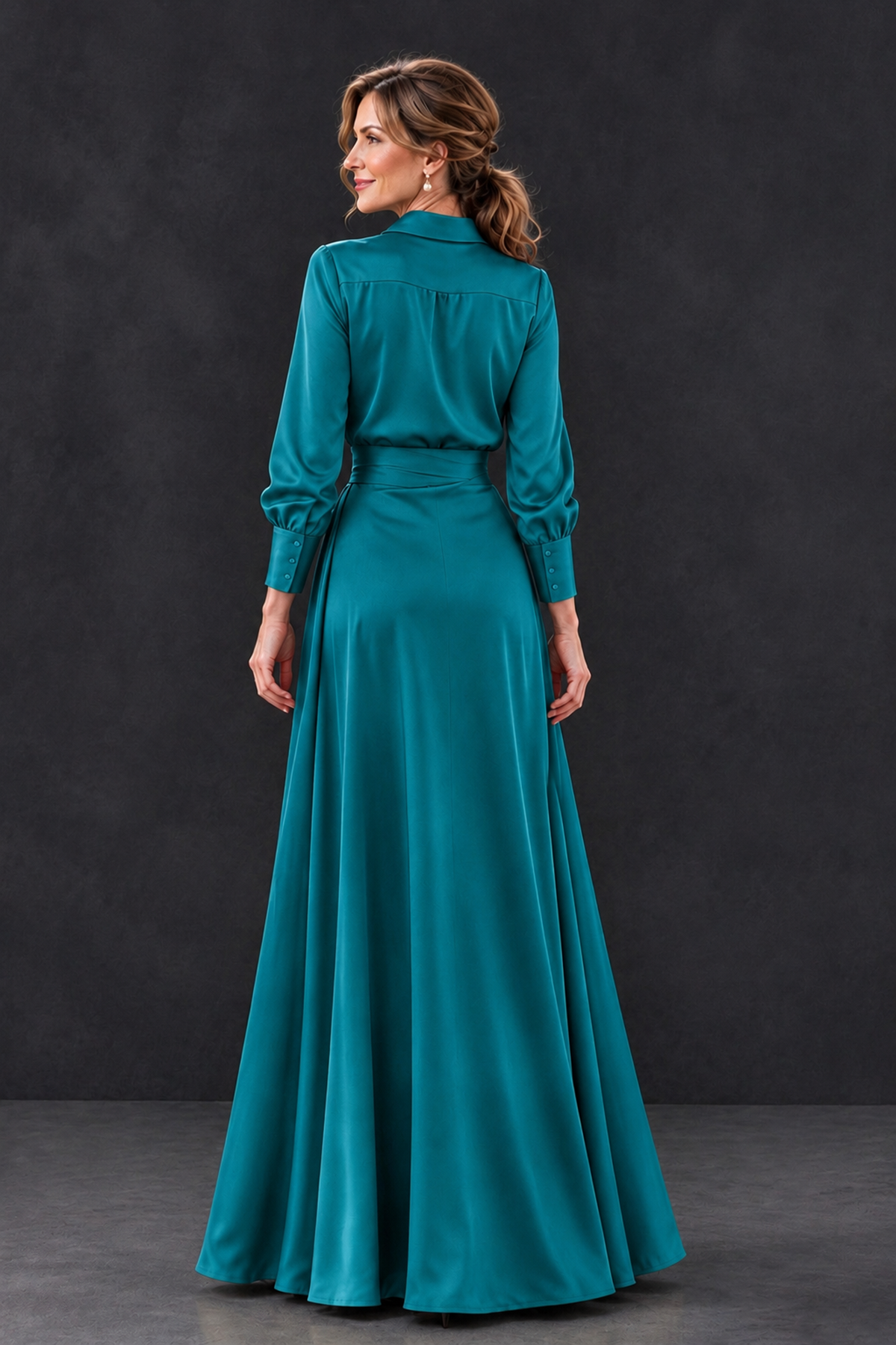 BOLODOO Peacock Long Sleeve Satin-Look Lace Panel Gown - Peacock - Peacock_2
