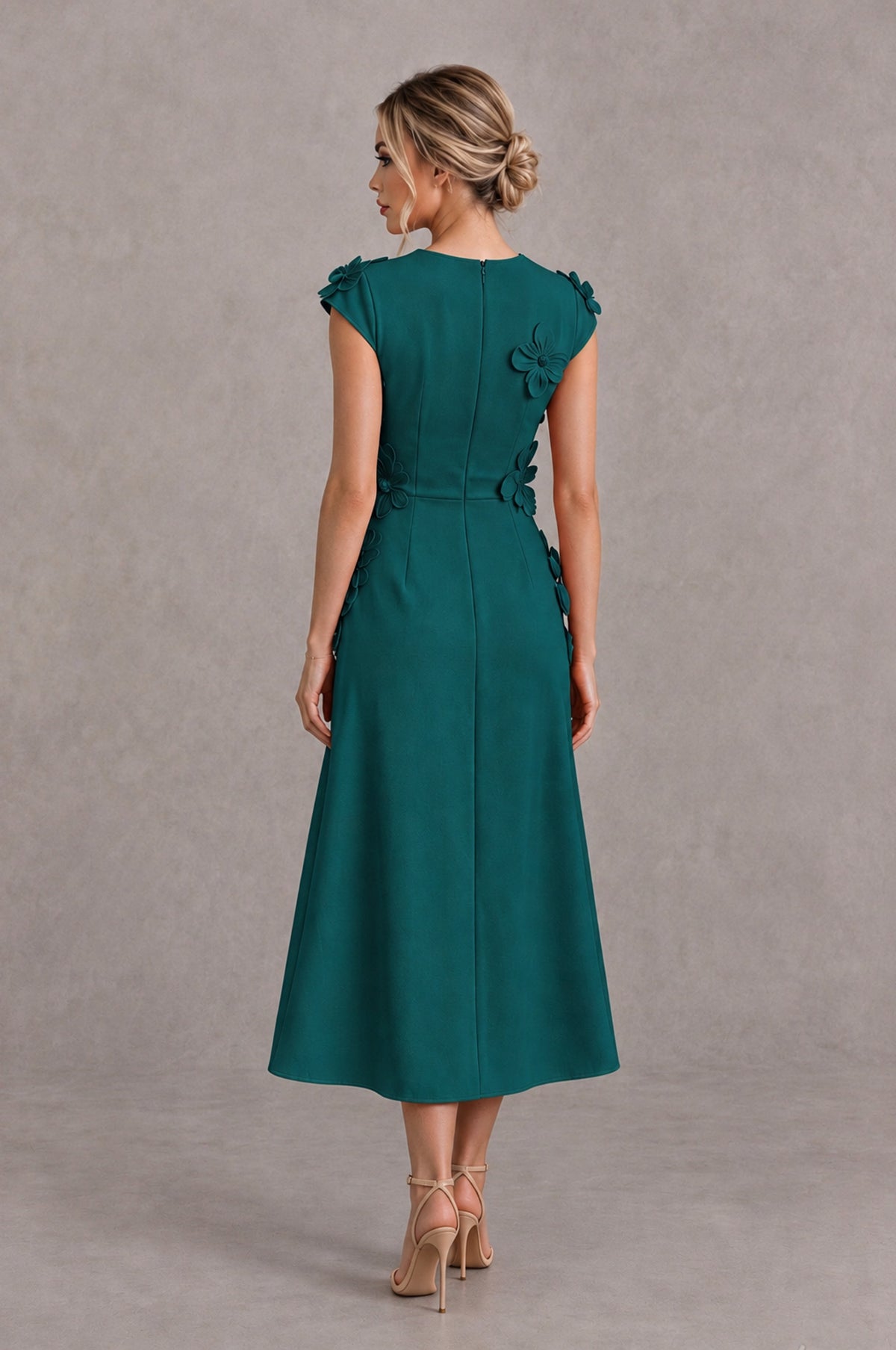 BOLODOO Peacock 3D Floral Cap Sleeve Midi Cocktail Dress - Peacock - Peacock_2