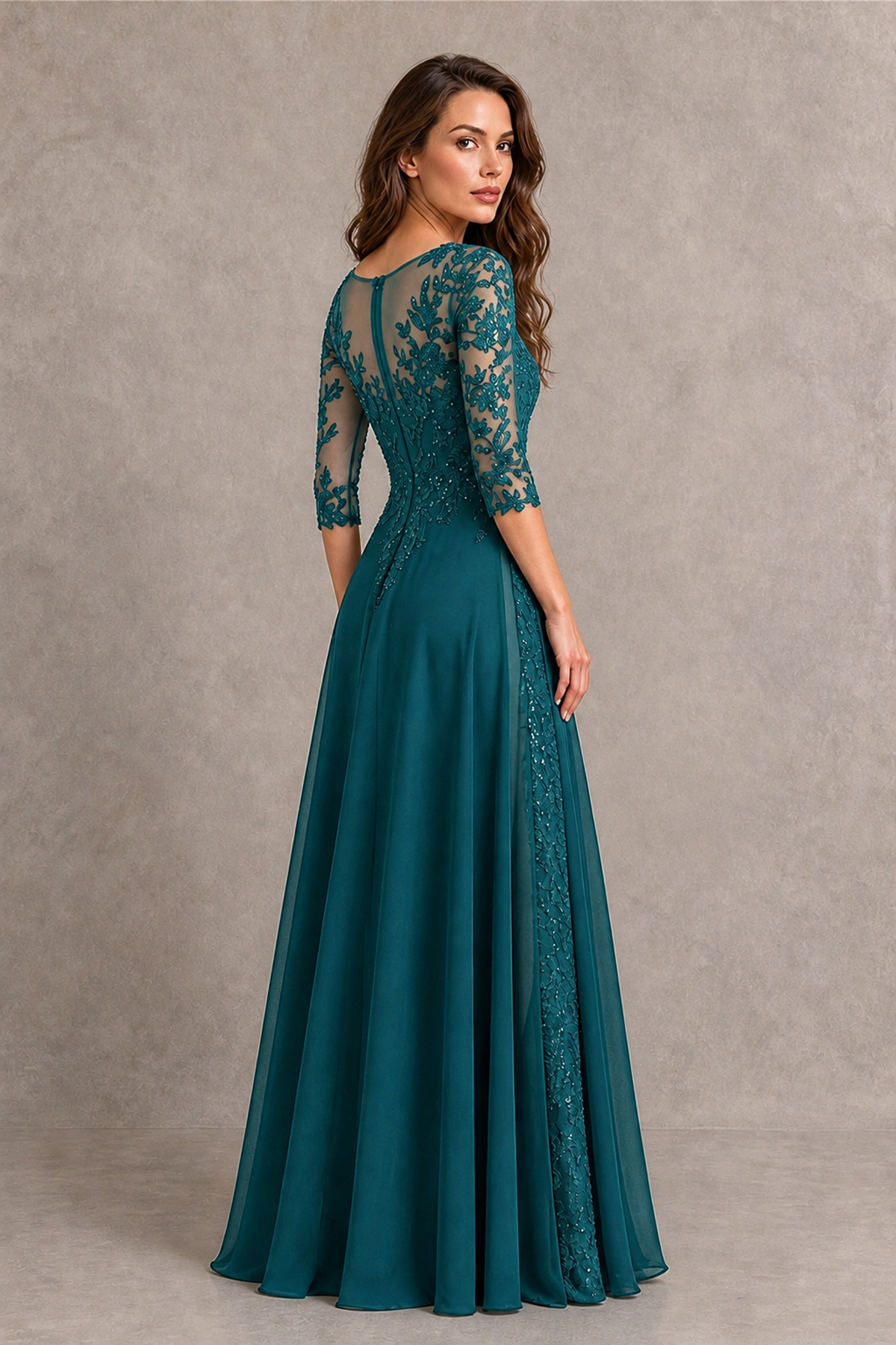 BOLODOO Midnight Peacock Beaded Lace Appliqué Chiffon A-Line Gown | Mother of the Bride & Formal Evening Dress - Peacock - Peacock_2