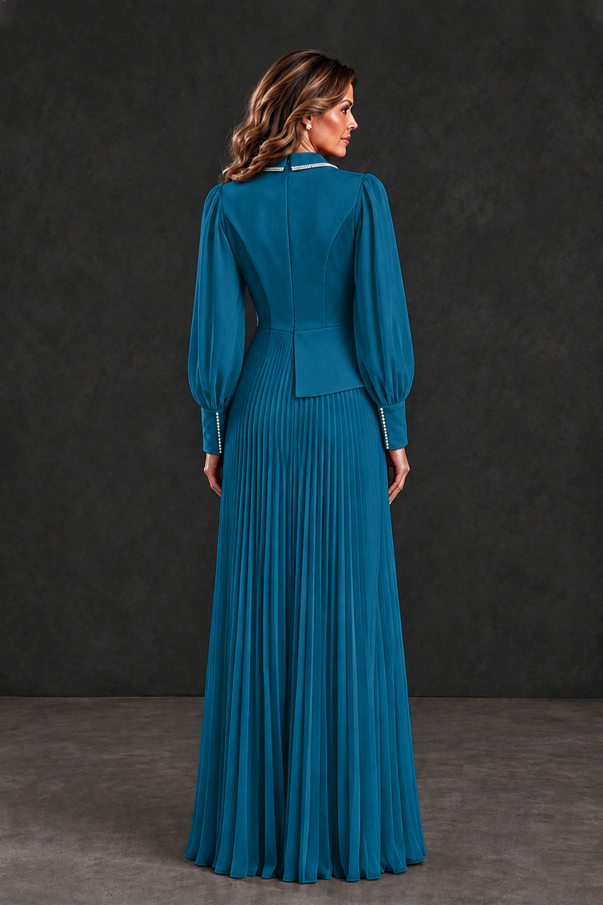 BOLODOO Peacock Long Sleeve Pleated Mother of the Bride Dress - Peacock - Peacock_2