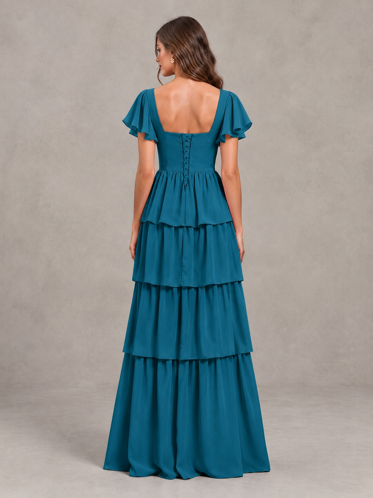 BOLODOO Peacock Flutter Sleeve Tiered Maxi Bridesmaid Dress - Peacock - Peacock_2