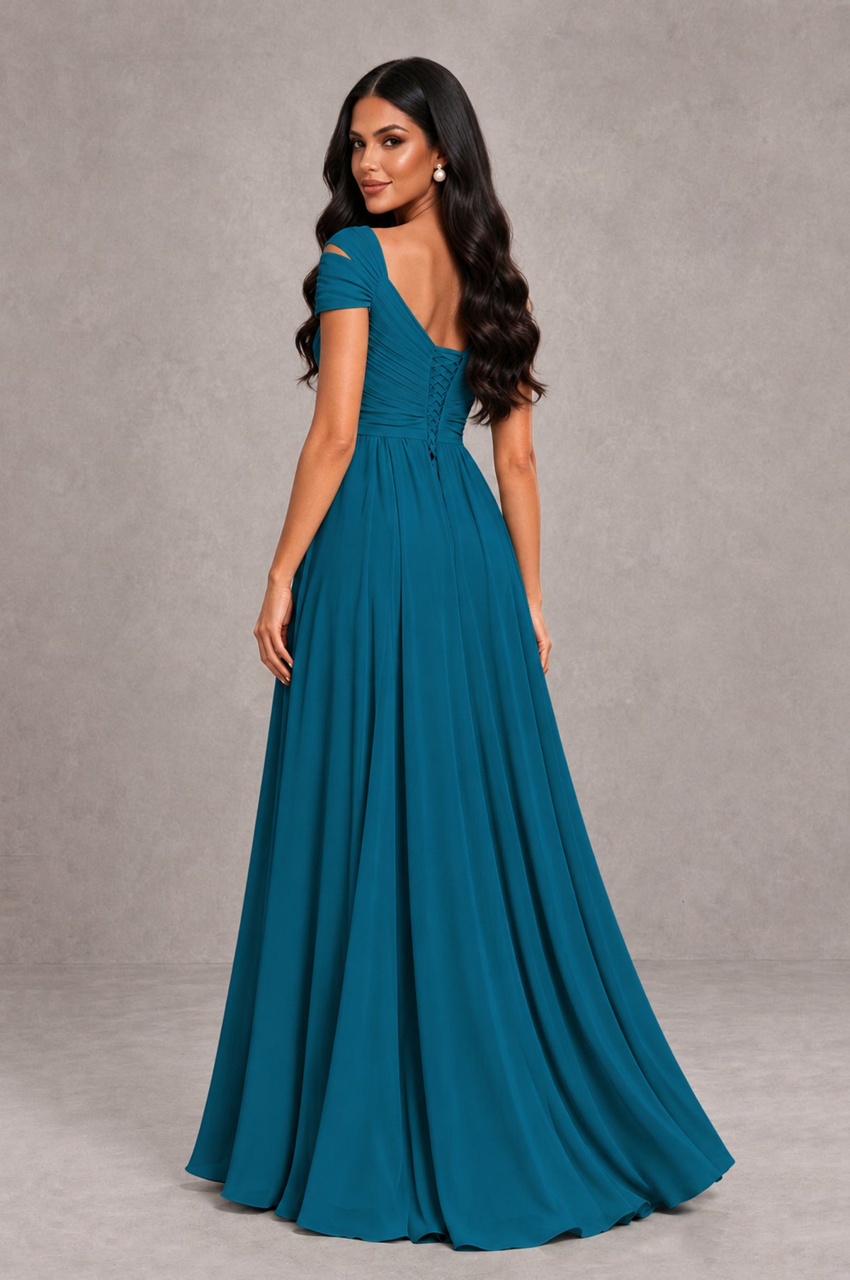 BOLODOO Peacock Cold Shoulder Chiffon Evening Dress with V Neck and High Slit - Peacock - Peacock_2