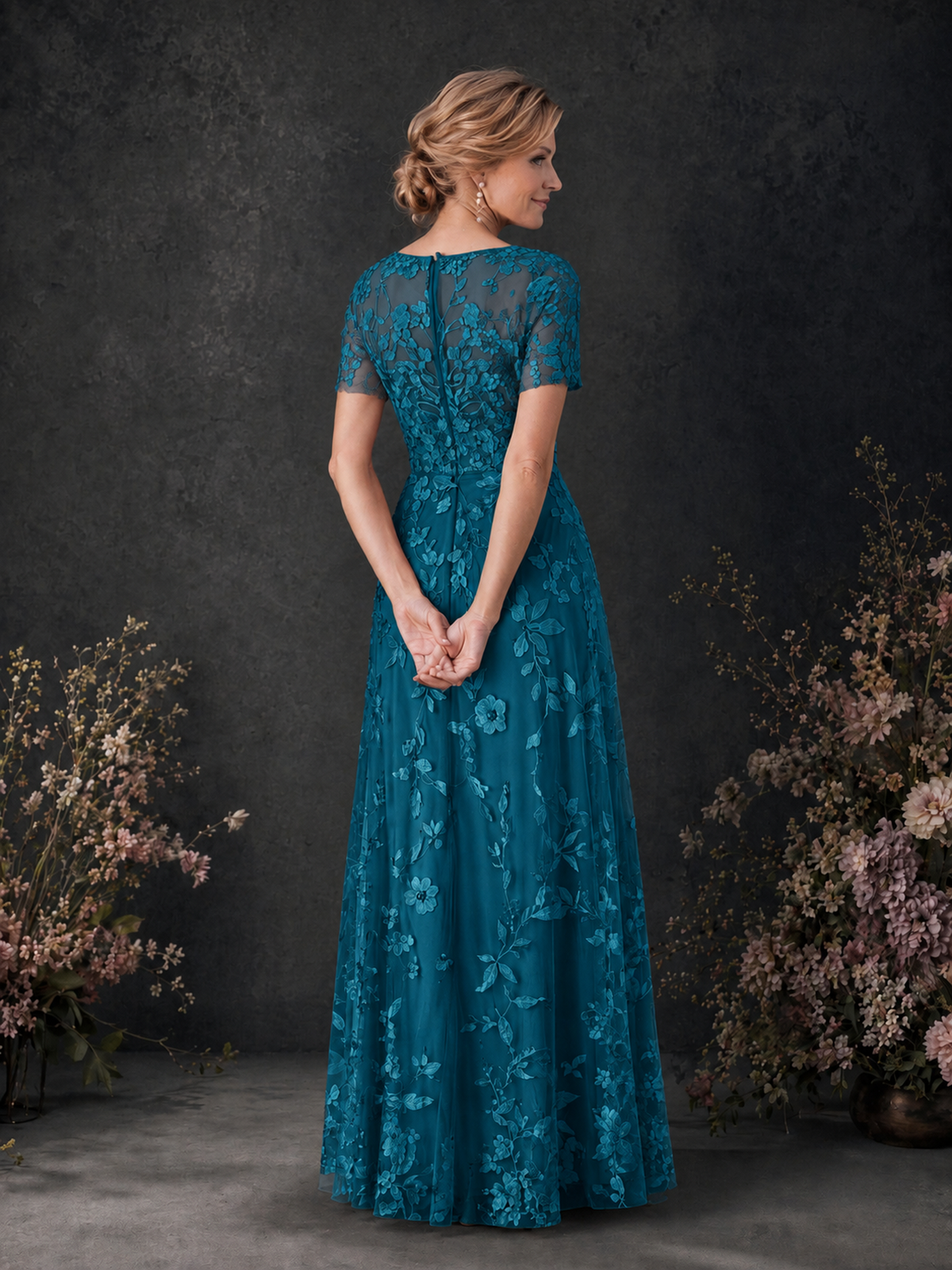 BOLODOO Peacock 3D Floral Embroidered Lace V-Neck Short Sleeve A-Line Maxi Dress - Peacock