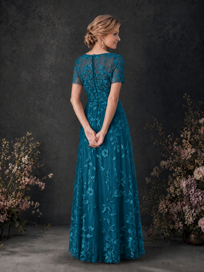 BOLODOO Peacock 3D Floral Embroidered Lace V-Neck Short Sleeve A-Line Maxi Dress - Peacock