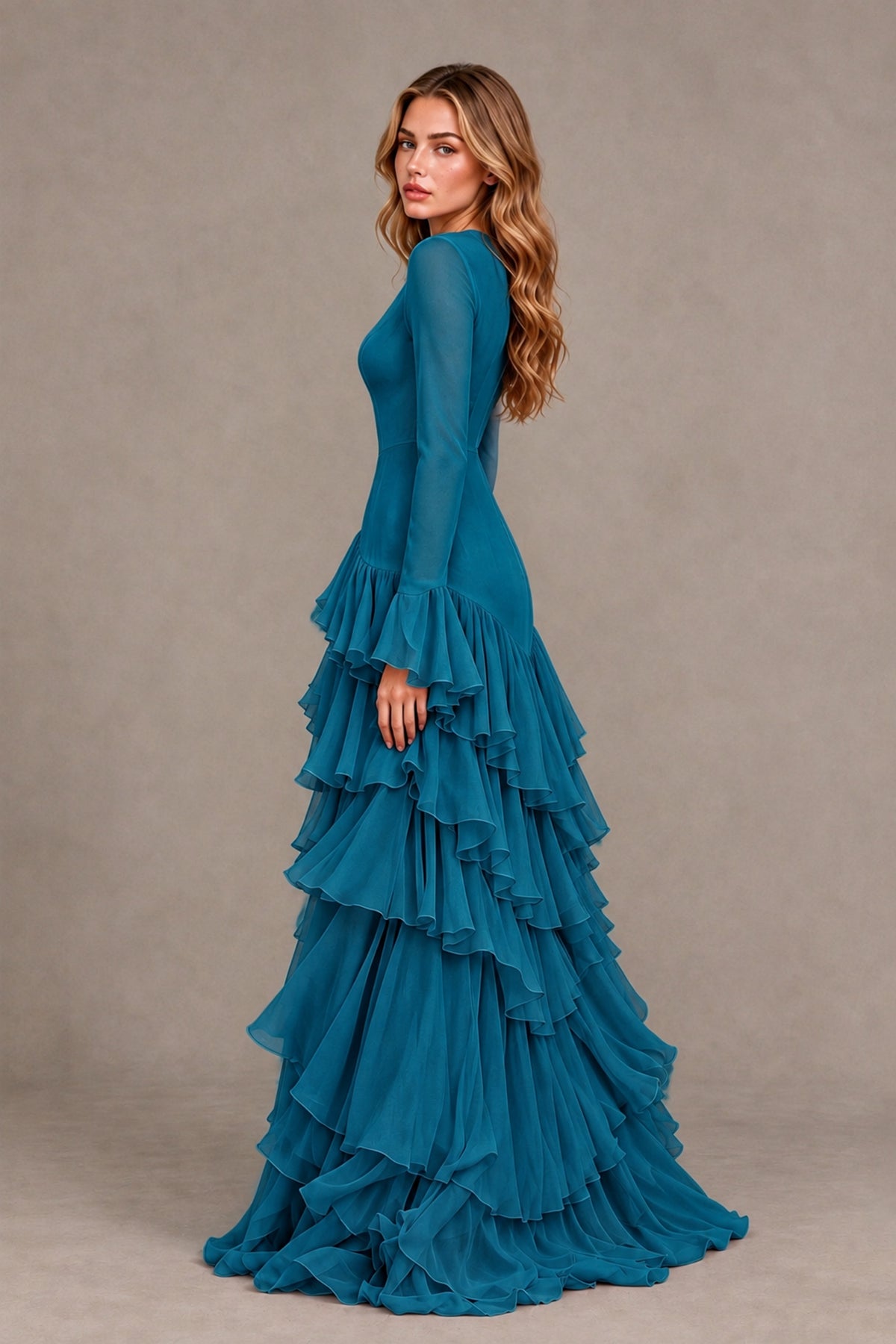 Peacock Long Sleeve Tiered Ruffle Evening Gown - Peacock - Peacock_2