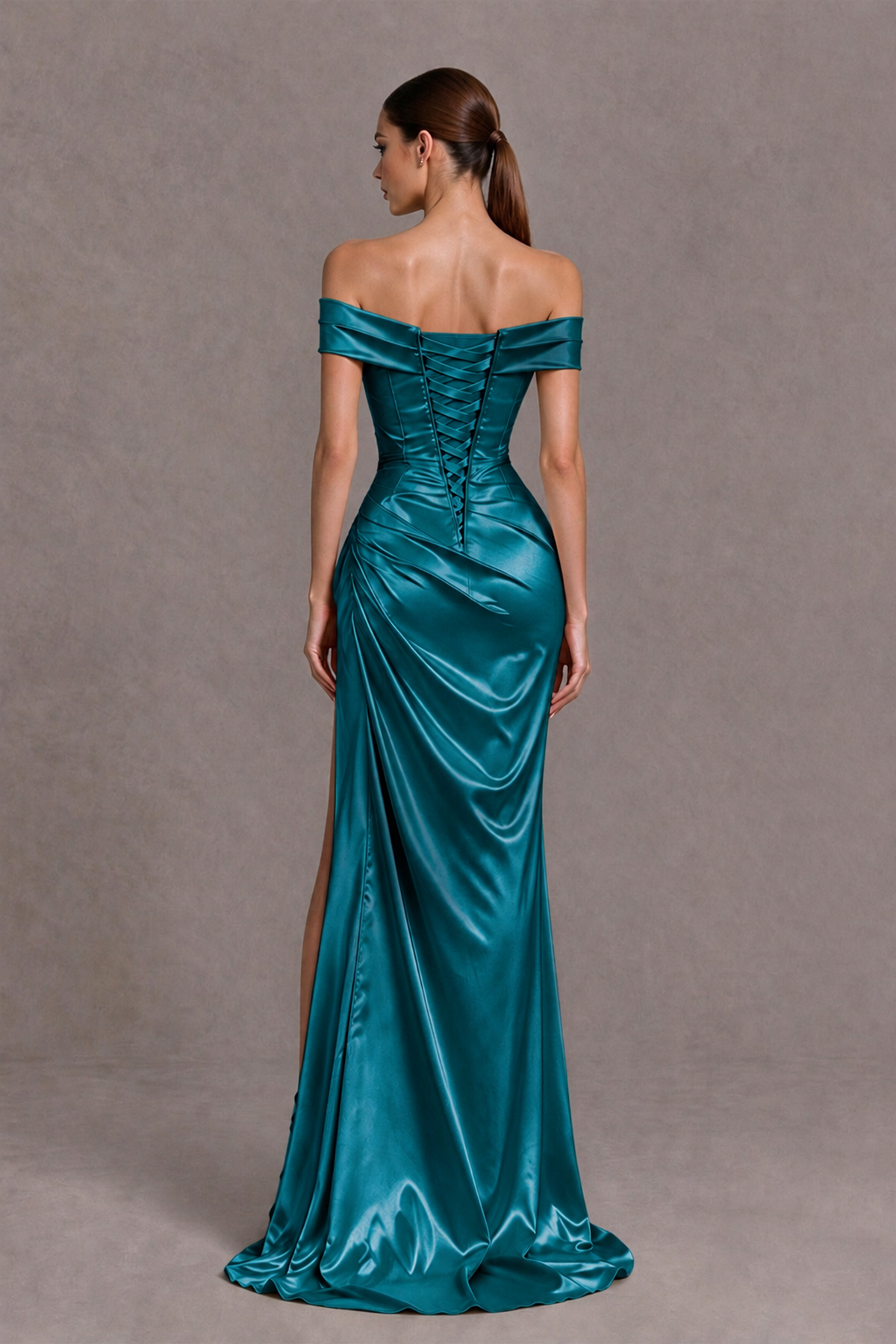 BOLODOO Peacock Off-the-Shoulder Ruched Satin Prom & Evening Dress with High Slit - Peacock - Peacock_2