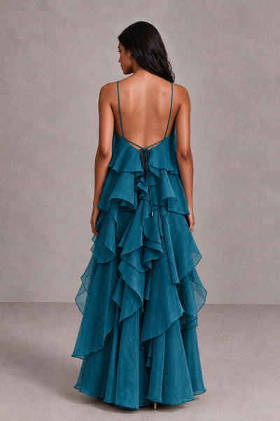 BOLODOO Peacock Cascading Ruffle Rosette Open-Back Maxi Dress - Peacock - Peacock_2