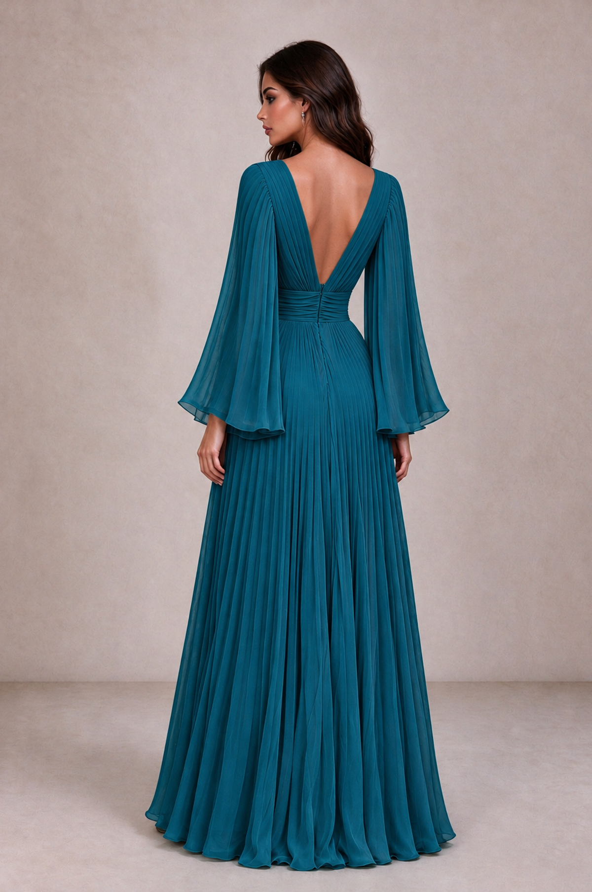 BOLODOO Peacock Pleated Deep V-Neck Long Bell Sleeve Evening Dress - Peacock - Peacock_2
