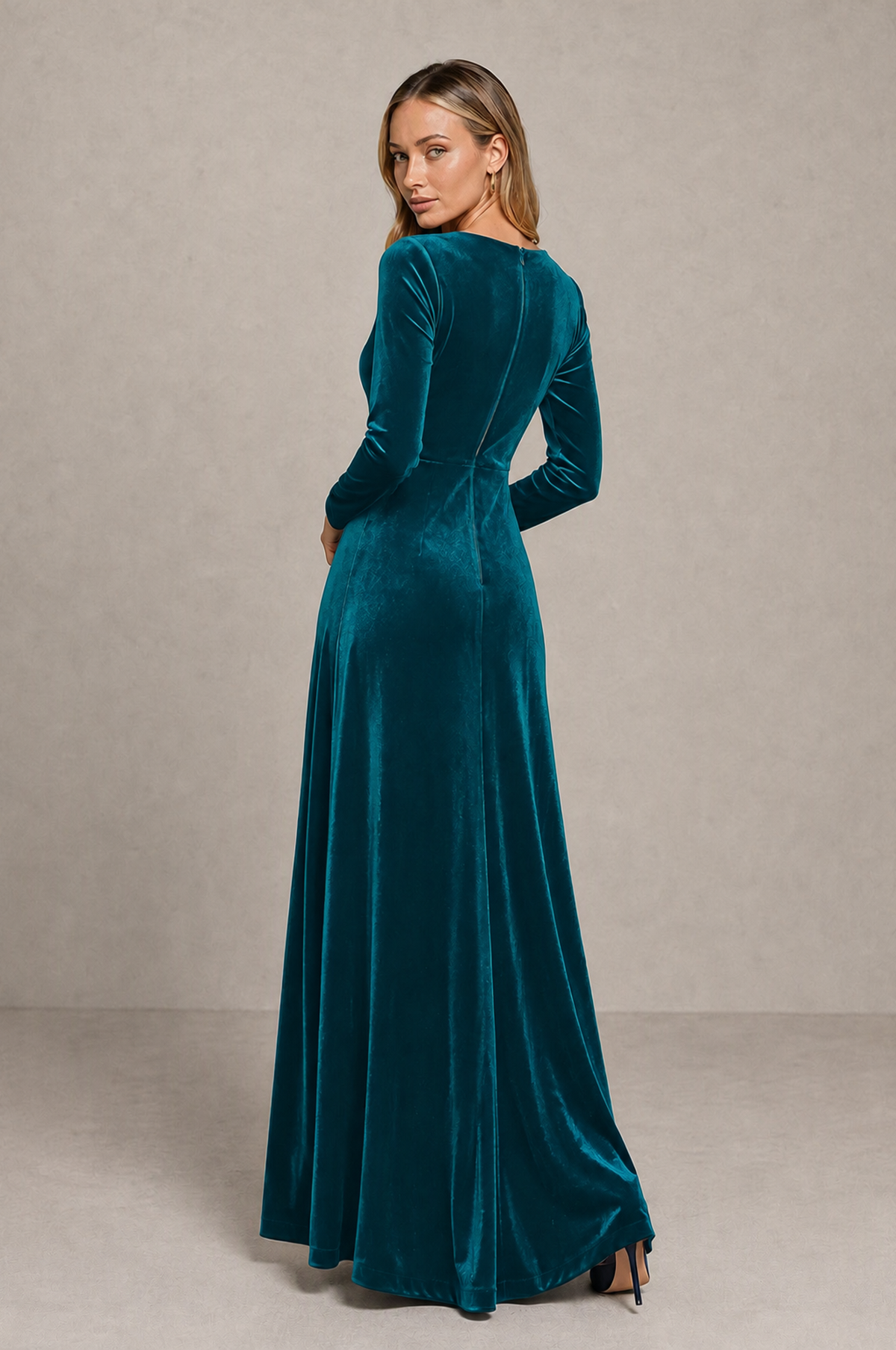 BOLODOO Peacock Velvet Long Sleeve V-Neck Ruched Evening Dress - Peacock - Peacock_2