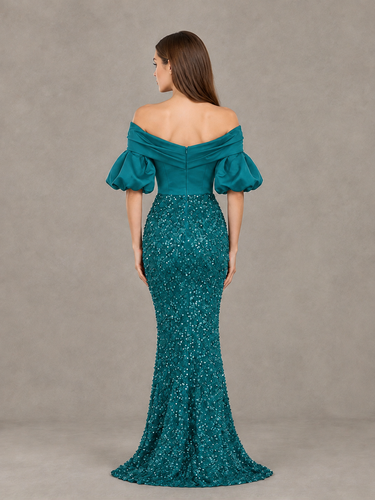 BOLODOO Peacock Off-Shoulder Puff Sleeve Sequin Mermaid Evening Dress - Peacock - Peacock_2