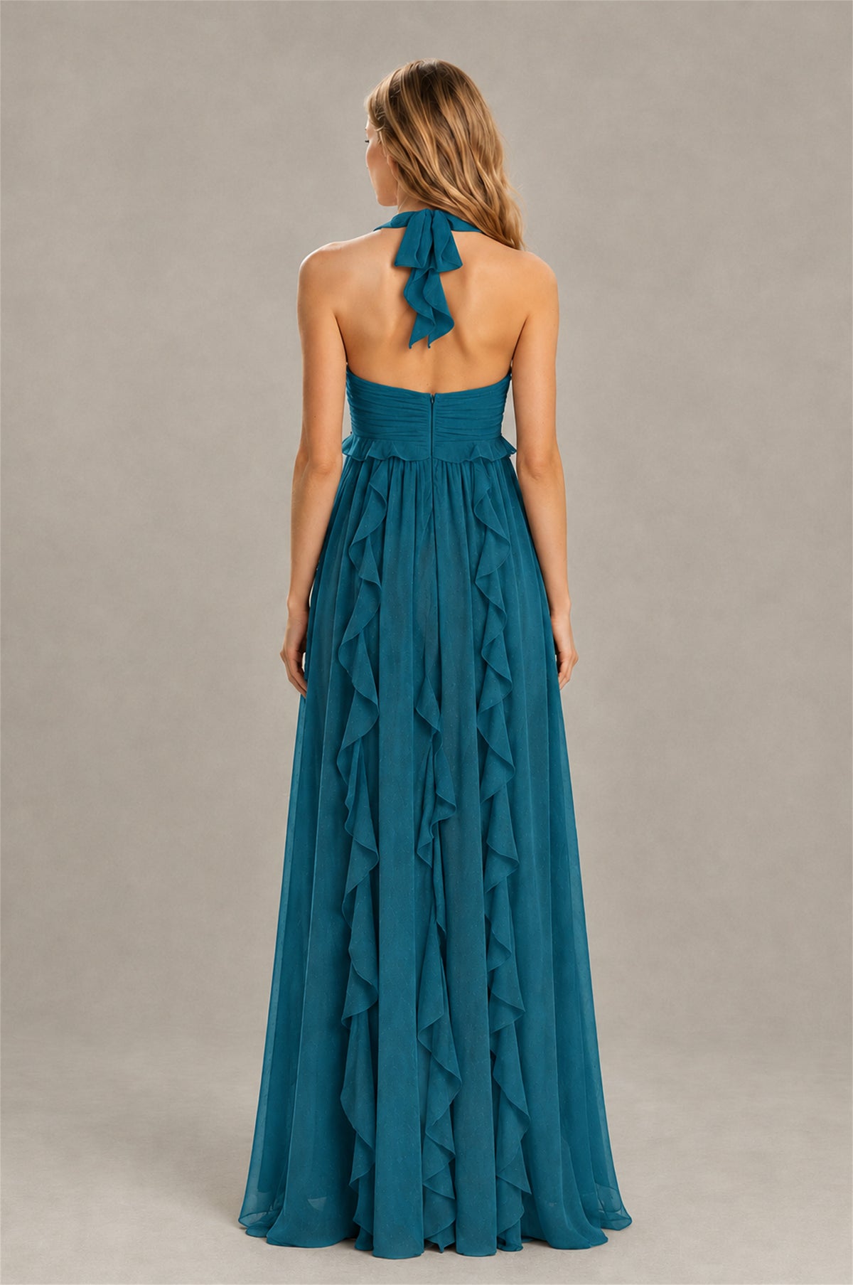 BOLODOO Peacock Halter Ruffle A-Line Floor-Length Evening Dress - Peacock - Peacock_2