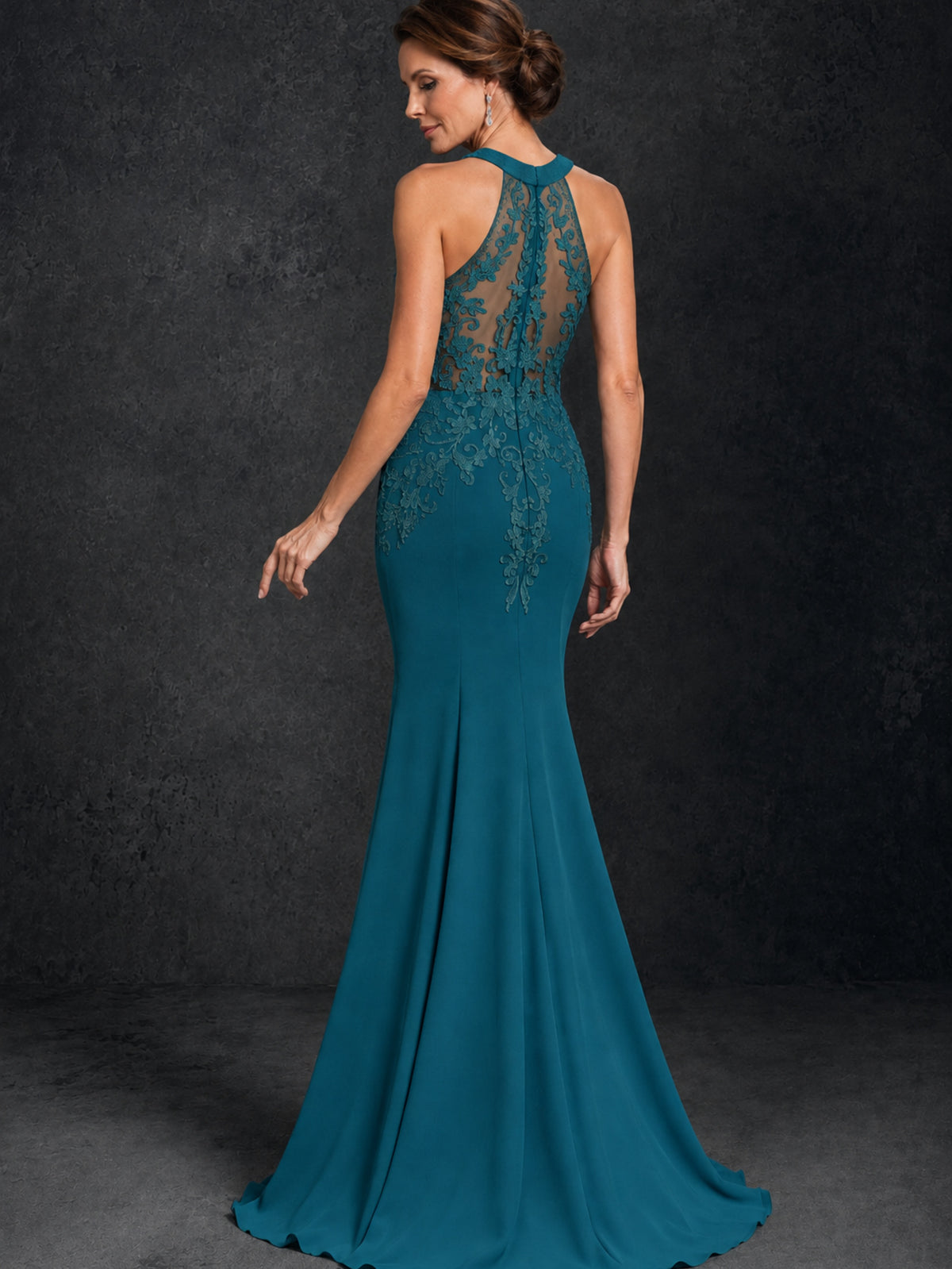 BOLODOO Peacock Lace Applique Halter Neck Sheer Back Mermaid Maxi Dress with Sweep Train - Peacock