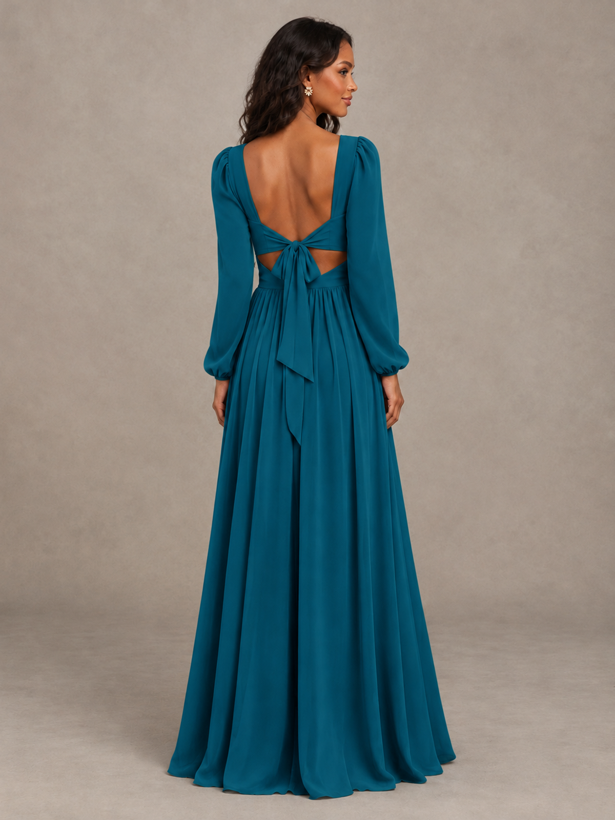 BOLODOO Peacock V-Neck Long Sleeve Bridesmaid Dress with Tie Back and Slit - Peacock - Peacock_2