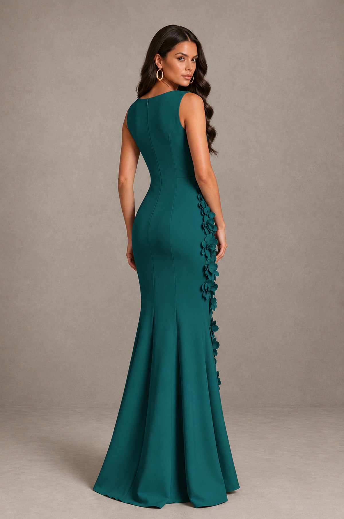 BOLODOO Peacock Bateau Neck Sleeveless Asymmetric Peplum 3D Petal Appliqué Mermaid Gown BD0421 - Peacock - Peacock_2