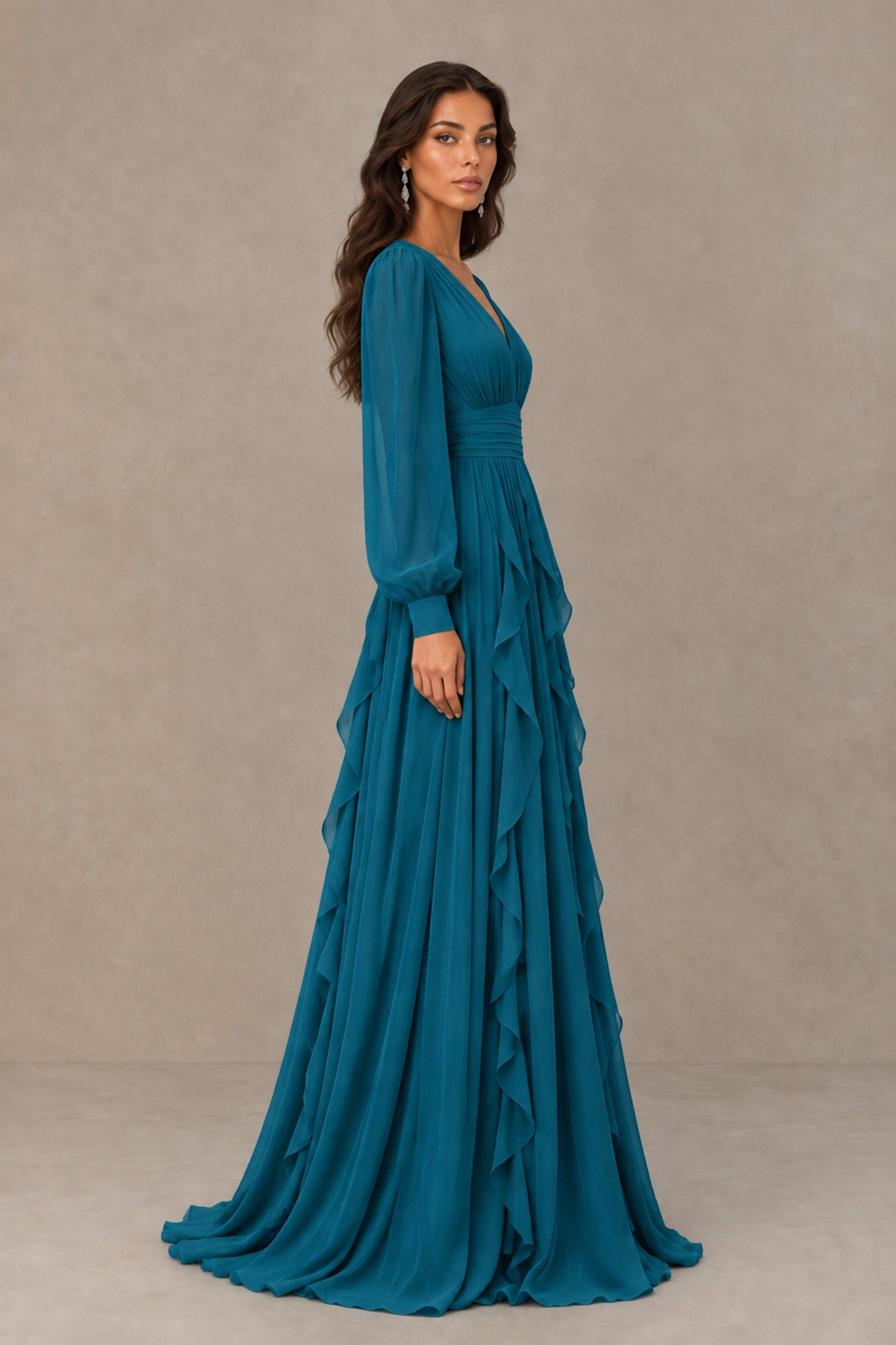BOLODOO Peacock Long Sleeve V-Neck Ruffle Maxi Dress - Peacock