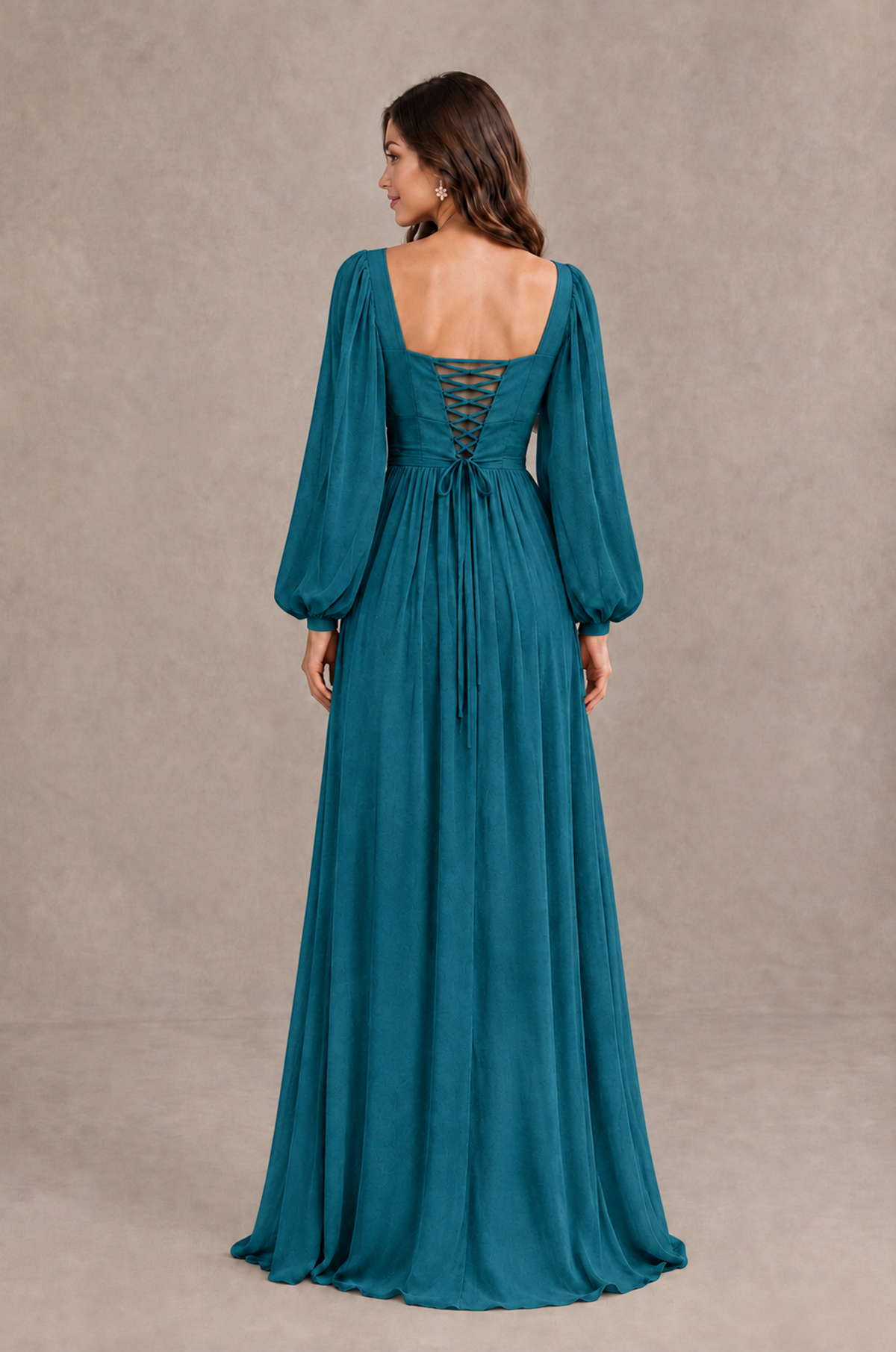 BOLODOO Peacock Long Sleeve V-Neck A-Line Bridesmaid Dress - Peacock - Peacock_2
