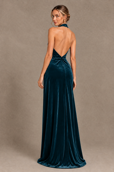 BOLODOO Peacock Velvet Halter Open-Back Ruched Evening Dress - Peacock - Peacock_2