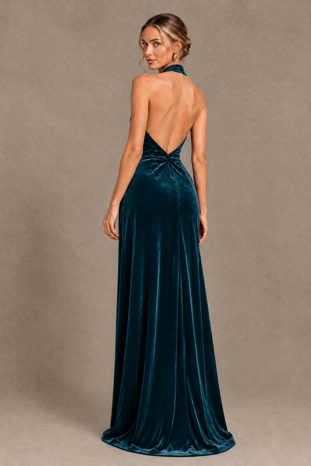 BOLODOO Peacock Velvet Halter Open-Back Ruched Evening Dress - Peacock - Peacock_2