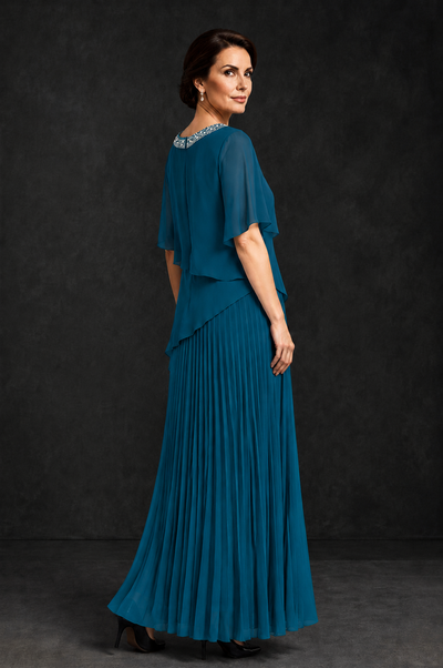 BOLODOO Peacock Pearl Beaded Neck Asymmetric Tiered Flutter Sleeve Pleated Chiffon Maxi Dress - Peacock - Peacock_2