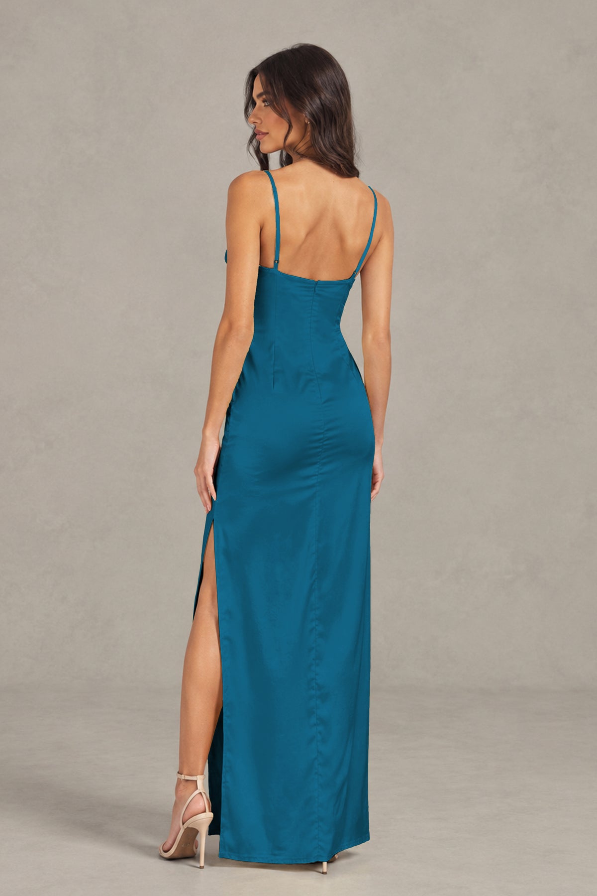 BOLODOO Peacock Satin Cowl Neck Open Back Mermaid Maxi Dress with Side Slit - Peacock
