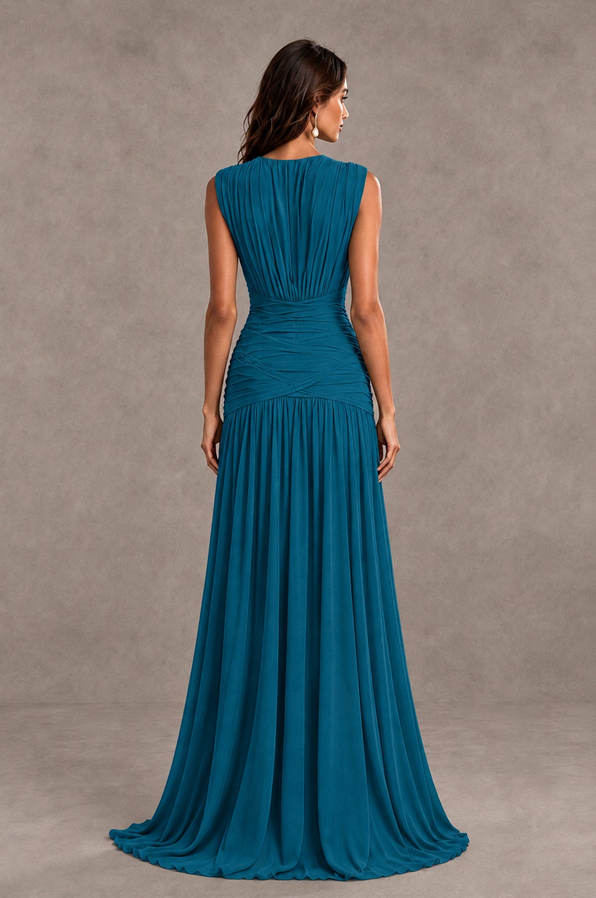 BOLODOO Peacock V-Neck Ruched Wedding Guest Dress - Peacock - Peacock_2
