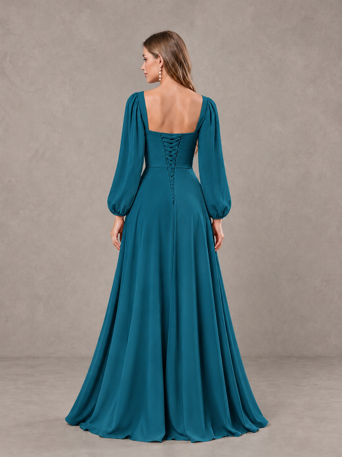 BOLODOO Peacock Square Neck Long Sleeve Bridesmaid Dress with Ruffle Slit - Peacock - Peacock_2