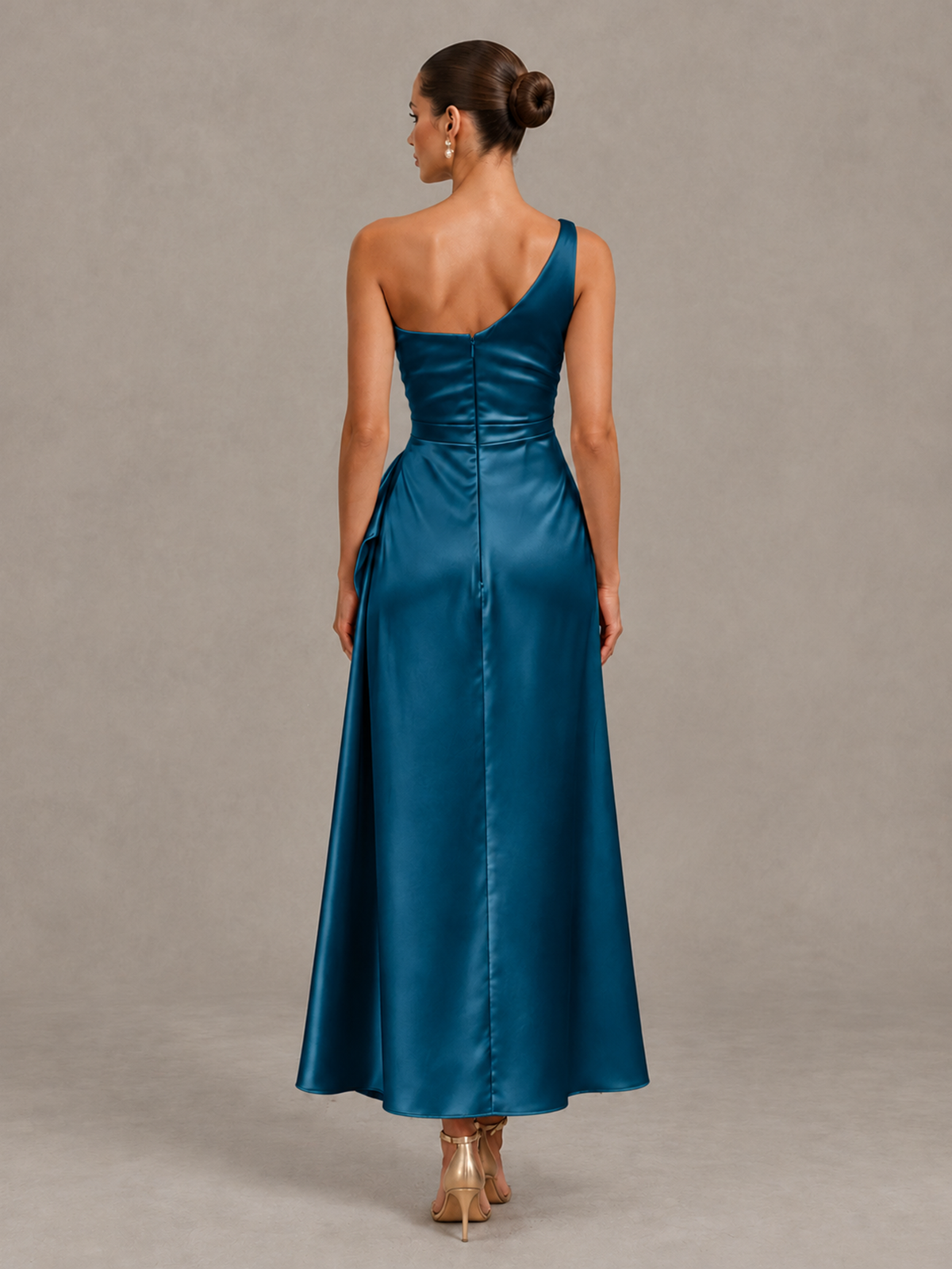 BOLODOO Peacock One Shoulder Satin Cocktail Dress with Draped A-Line Skirt - Peacock - Peacock_2