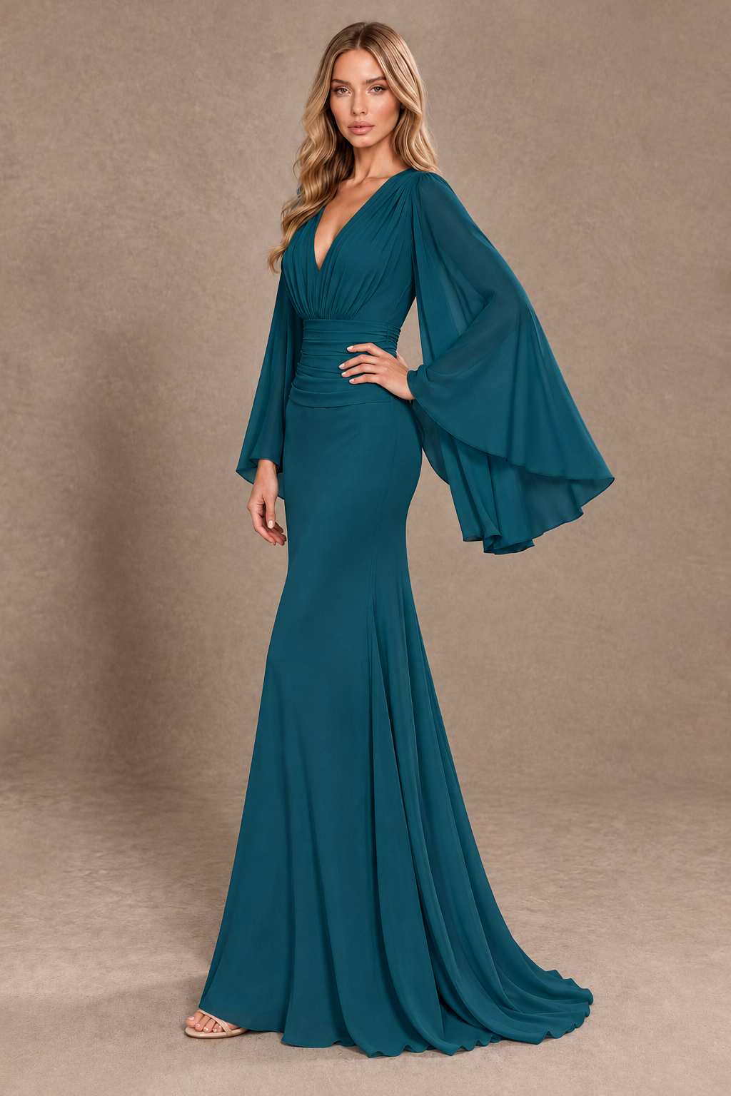 BOLODOO Peacock Cape Sleeve V-Neck Ruched Chiffon Evening Dress - Peacock - Peacock_2