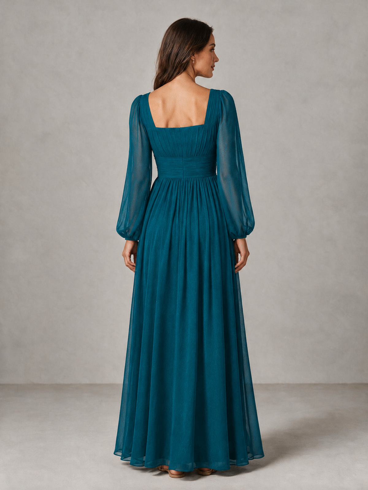 BOLODOO Peacock Square Neck Long Sleeve Chiffon Bridesmaid Dress - Peacock - Peacock_2