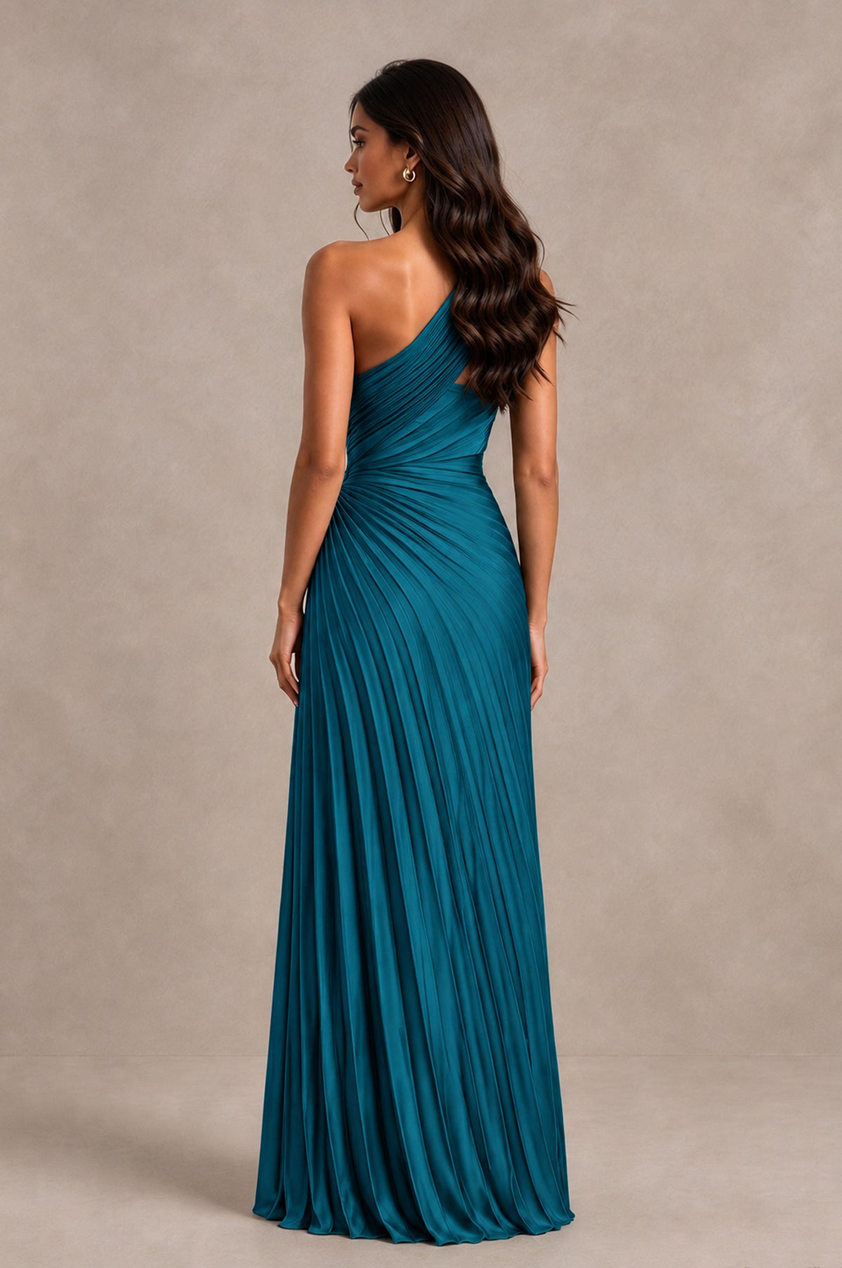 BOLODOO Peacock One Shoulder Pleated Evening Dress with Ruched Waist and High Slit - Peacock - Peacock_2