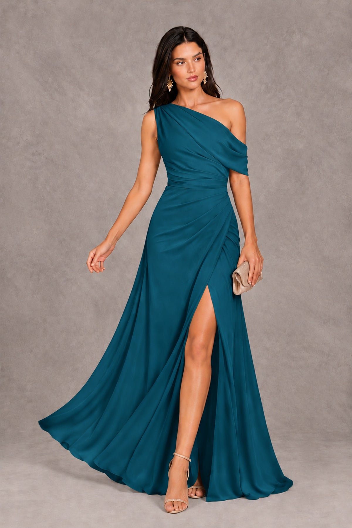Peacock One-Shoulder Floor-Length Evening Gown with High Slit - Peacock