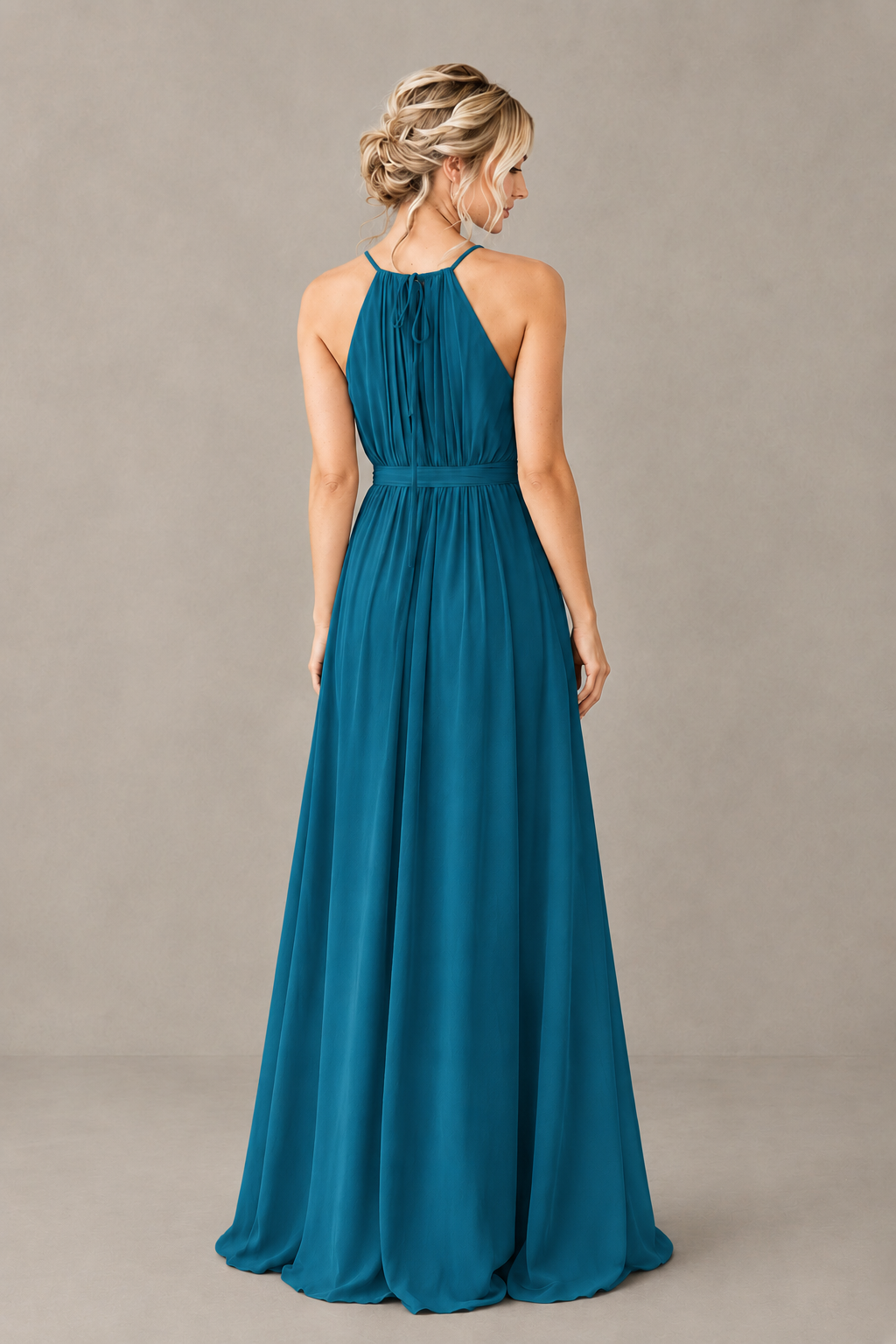 BOLODOO Peacock Halter Chiffon Bridesmaid Dress with High Slit - Peacock