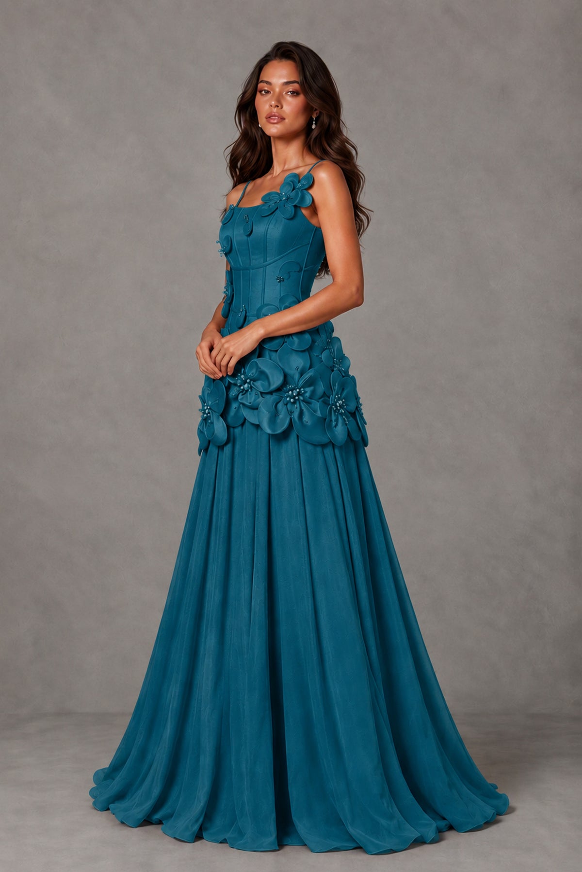 BOLODOO Peacock 3D Floral Appliqué Floor-Length A-Line Evening Gown - Peacock