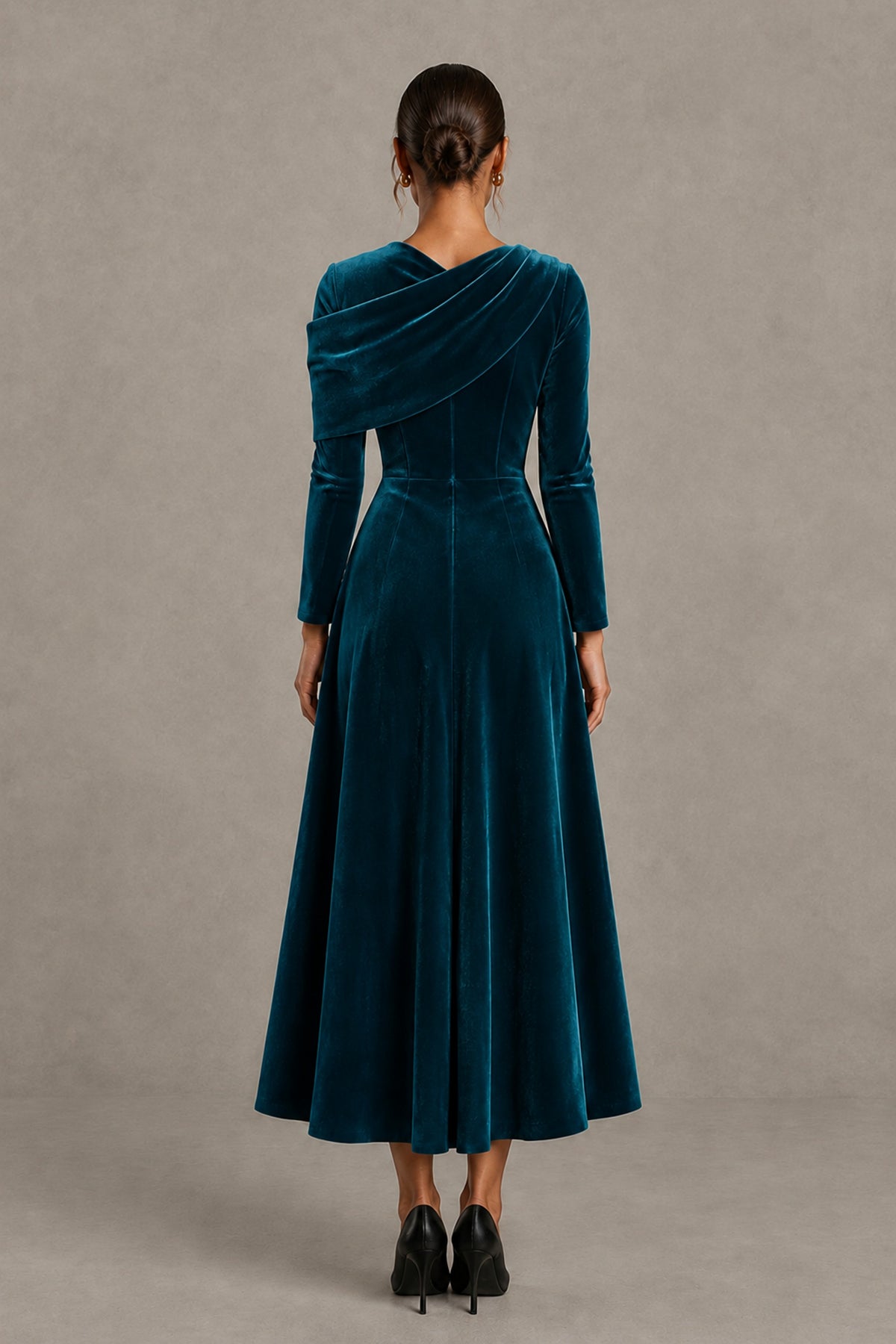 BOLODOO Peacock Velvet-Look Long Sleeve Tea-Length A-Line Dress with Draped Neckline - Peacock - Peacock_2