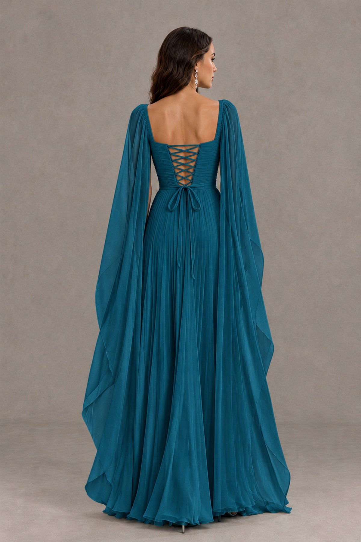 BOLODOO Peacock Square Neck Cape Sleeve A-Line Evening Dress - Peacock - Peacock_2