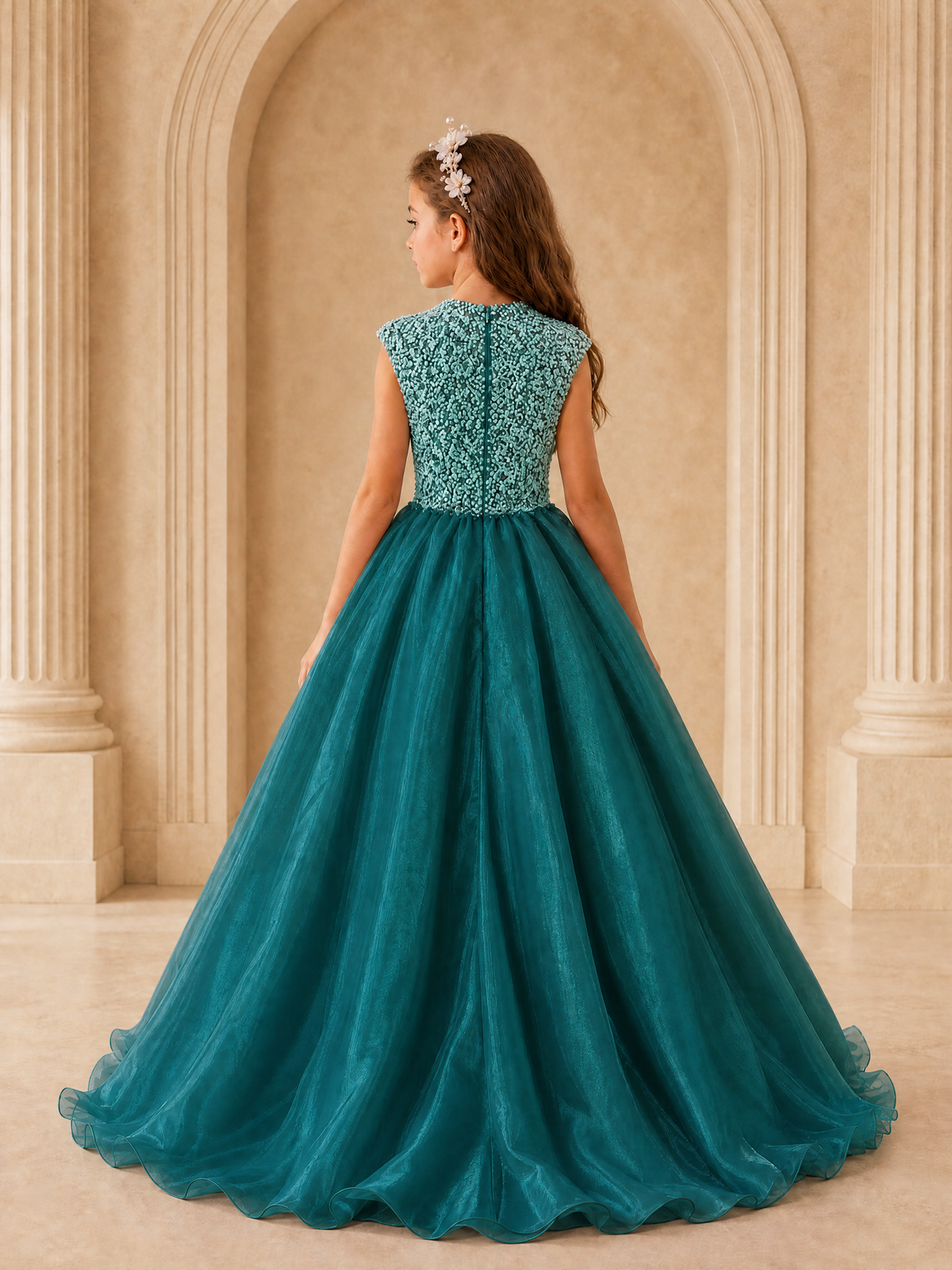 BOLODOO Peacock Sequin Tulle Flower Girl Dress with Cap Sleeves - Peacock - Peacock_2