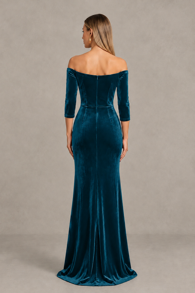 BOLODOO Peacock Off-Shoulder Velvet Evening Dress with High Slit - Peacock - Peacock_2