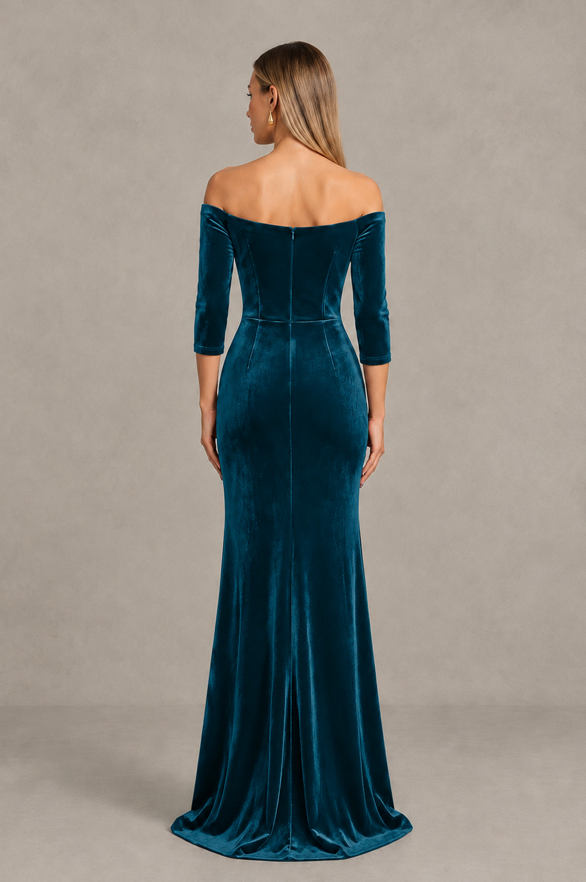 BOLODOO Peacock Off-Shoulder Velvet Evening Dress with High Slit - Peacock - Peacock_2