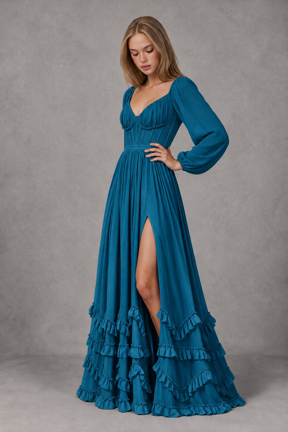 Peacock Long-Sleeve Ruffle Maxi Dress with Lace-Up Back and Slit - Peacock