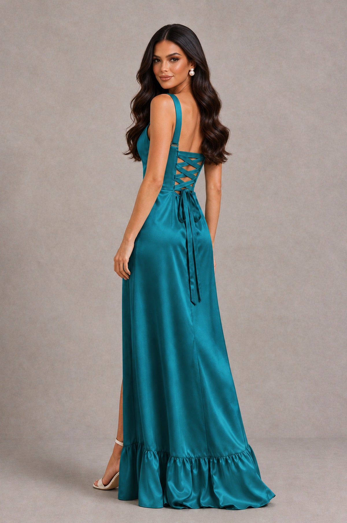 BOLODOO Peacock Square Neck Satin Evening Dress with Lace-Up Back and High Slit - Peacock - Peacock_2