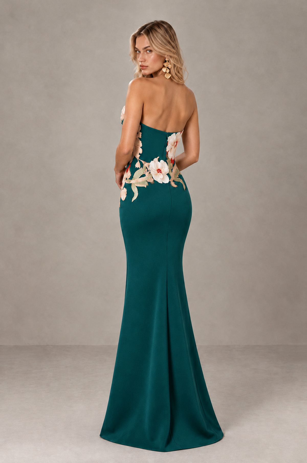 BOLODOO Peacock Strapless Floral Mermaid Evening Dress with Slit - Peacock - Peacock_2