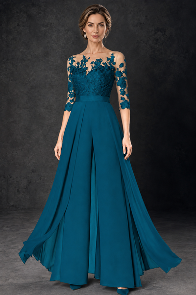 BOLODOO Peacock Lace Wide-Leg Jumpsuit with Three-Quarter Sleeves - Peacock - Peacock_2